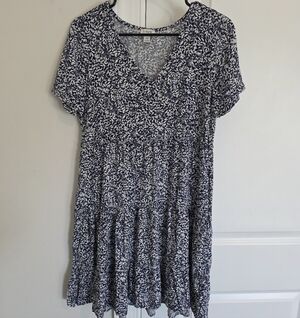 J Crew Flowy, Blue and White Women's V Neck Ruffle Tiered Dress. Size XS.